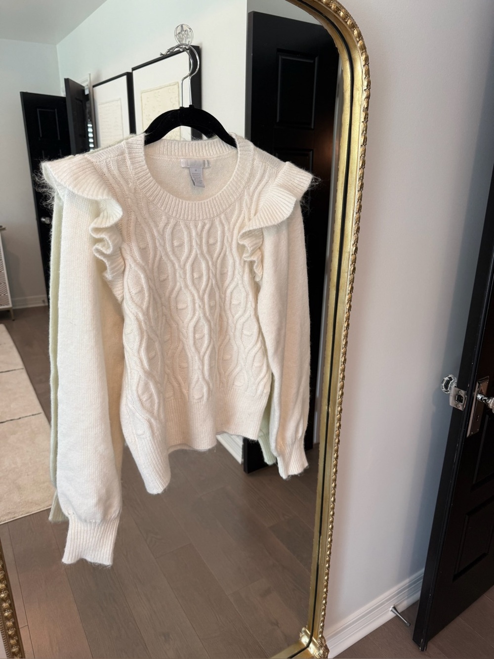 Design History for Anthropologie Ivory Ruffle Cable-Knit Sweater